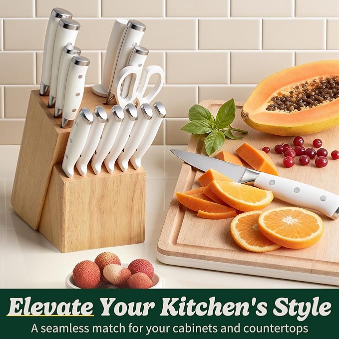 Knife Set, 15 Piece Premium Chef High Carbon Stainless Steel Kitchen Knife Block Set, Razor-sharp, Ergonomic Forged Triple Rivet Handle, Professional Knife Set for Kitchen, Dishwasher Safe(White)
