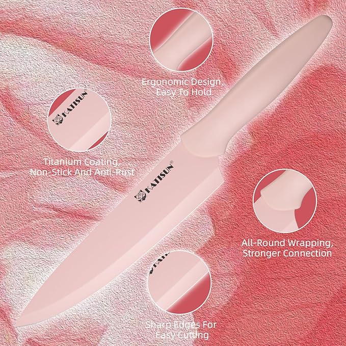 Kitchen Knife Set with Guards, 13 Piece Pink Non-Stick Boxed Knives Set, Anti-Rust and Dishwasher Safe, 6 Knives with 6 Blade Covers and Kitchen Shears