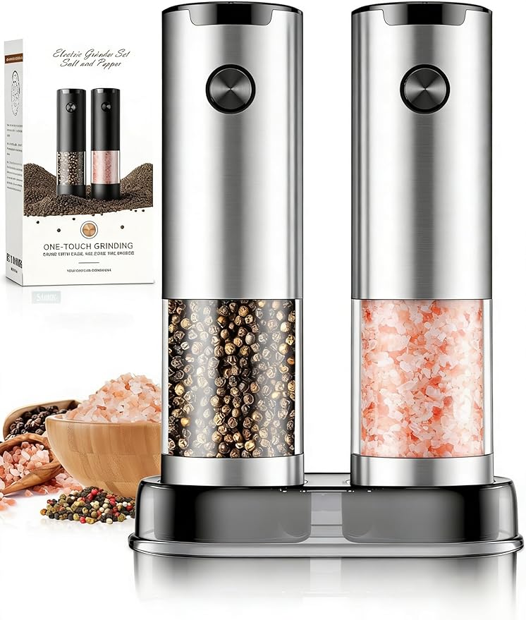 Electric Salt and Pepper Grinder Set Automatic Battery Pepper Mill Shakers Kitchen Gadgets Adjustable Coarseness Upgraded Larger Capacity with Led Birthday Gifts for Women