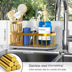 Sponge Holder for Kitchen Sink with High Brush Holder, [Stay-Dry Anywhere & No Drainage Needed] Rustproof Stainless Steel Kitchen Sink Caddy Organizer with Water Absorbing Stone Tray, Gold