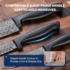 Gourmetop Kitchen Knife Set with Cover 3 Pcs, Black Chef Knife Set for Cooking, Sharp Kitchen Knives with Sheath, 8'' Chef Knife, 5'' Utility, 3.5'' Paring, Damascus Pattern Kitchen Knife for Cutting