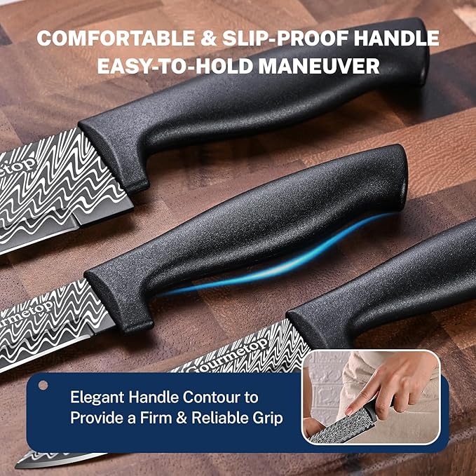 Gourmetop Kitchen Knife Set with Cover 3 Pcs, Black Chef Knife Set for Cooking, Sharp Kitchen Knives with Sheath, 8'' Chef Knife, 5'' Utility, 3.5'' Paring, Damascus Pattern Kitchen Knife for Cutting