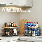 2 Pack Stackable Wire Baskets with Bamboo Top for Pantry Organizers and Storage, XXL Kitchen Organization Counter Basket for Fruit, Vegetable, Produce, Bread, Potato and Onion Storage Bins