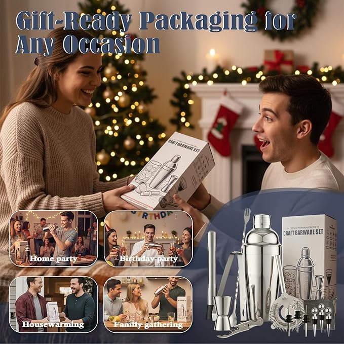 13-Piece Bartender Kit Bar Tool Set – Boston Cocktail Shaker Set with Muddler,Strainer,Jigger,Spoon–Home Bar Accessories and Drink Mixer Gift for Bartesian,Housewarming, Bar Cart Decor
