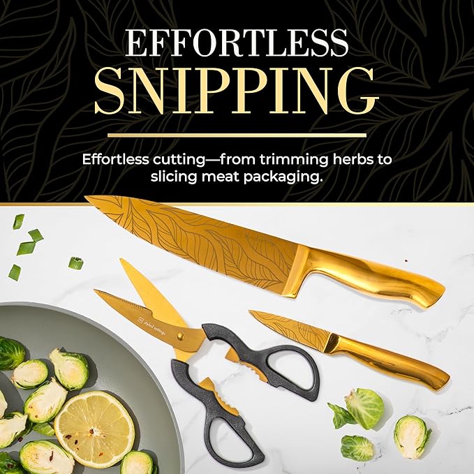 Gold Knife Set For Kitchen -14-Piece Titanium-Coated Blades with Etched Leaves Pattern, Ultra-Sharp Stainless Steel, Durable & Stylish Kitchen Knife Block Set