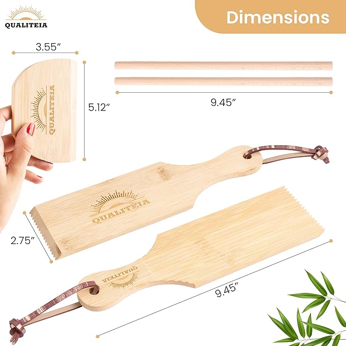 Gnocchi Board Set for Rolling Dough - 2x Paddles, 2x Rollers & 1x Cutter, Bamboo Pasta Shaper Tools Butter Maker, Garganelli Cavatelli Tortellini Cavarola Roller (Gnocchi Board Set 4)