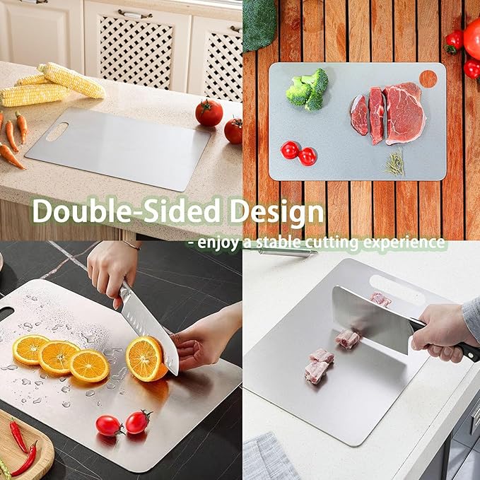 100% Pure Titanium Cutting Board Set of 3, Double-Sided Pure Cut Titanium Cutting Boards for Kitchen Dishwasher Safe, Food-Grade Metal Meat Chopping Board Mat for Home & Outdoor Camping (M+L+XL)