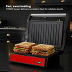 OVENTE Electric Indoor Panini Press Grill and Sandwich Maker with Non-Stick Coated Plates, Cool-Touch Handle and Removable Drip Tray, Opens 180 Degrees to Fit Any Type or Size of Food, Red GP0620R