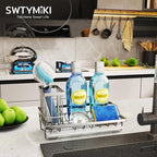 SWTYMIKI Multifunctional Kitchen Sink Caddy - Large Sponge Holder for Kitchen Sink with Removable Brush Holder + Drip Tray, Silver