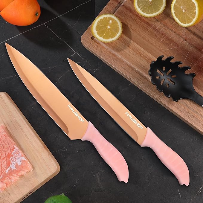 HAUSHOF Kitchen Knife Set, 12-Piece Pink Knife Set with 6 Blade Guards, Non-Stick Coated Stainless Steel Blades for Slicing, Dicing&Cutting, Gifts Knife Set for Dad, Mom, Husband and Wife
