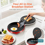 3-in-1 Electric Griddle & Panini Press - CACHOO 8" Nonstick Round Griddle and Sandwich Press with On/Off Switch, 180° Open Design, Perfect for Pancakes, Omelettes, Quesadillas, Veggies (Red/Beige)