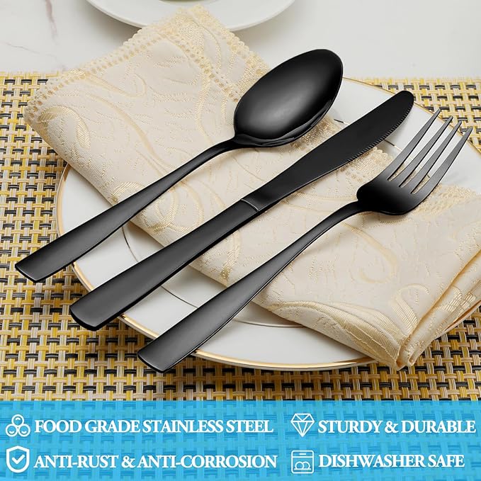 30 Pcs Black Silverware Set, Stainless Steel Flatware Set Service for 6, Mirror Polished Cutlery Utensil Set, Durable Home Kitchen Eating Tableware Set, Include Fork Knife Spoon Set, Dishwasher Safe