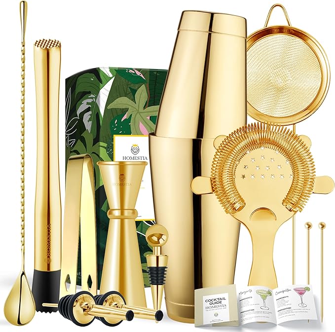 Homestia Cocktail Shaker Set, Bartending Kit: Weighted Boston Shaker Tin, Hawthorne Strainer, Jigger, Bar Spoon and Muddler, Professional Stainless Steel Bar Tool for Beginner (Gold)