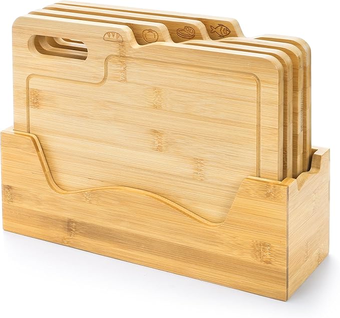 ZENFUN 4 Pack 12.5"L x 9.8"W Bamboo Cutting Boards with Holder, Wood Cutting Board Set, Chopping Boards Set with Food Icons, Kitchen Cutting Board Ideal for Meat, Fish, Bread, Vegetable, Fruit