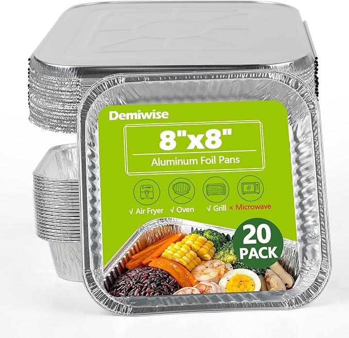 Thickened 20 Pack Heavy Duty Aluminum Pans with Lids, 8x8 Square Disposable Aluminum Baking Pans, Small Foil Pans with lids for Cooking, Meal Prep, Catering, Events, Carton Packaging