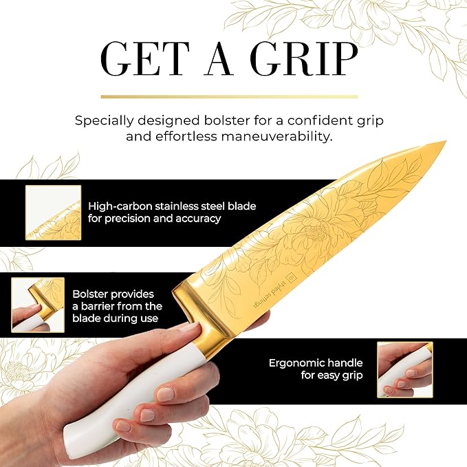 STYLED SETTINGS Knife Set with Built-in Sharpener – 14 PC Golden Titanium-Coated Stainless Steel Blades with Elegant Floral Pattern, Ultra-Sharp, Durable Kitchen Knife Block Set
