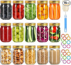 Glass Mason Jars with Gold Lids 16 oz - 15 Pack Regular Mouth Canning Jars for Food Storage, Meal Prep, Overnight Oats, DIY Crafts - Includes 24 Stickers & Brush