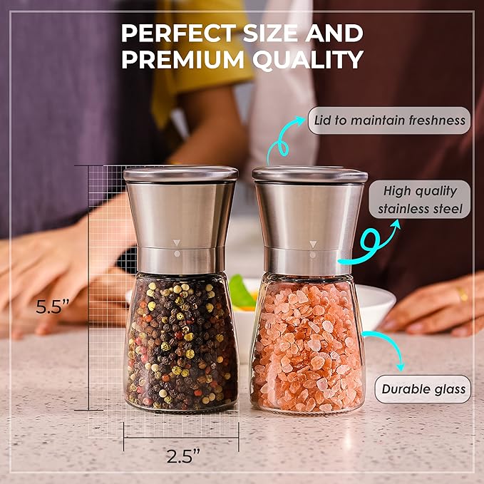 Salt and Pepper Grinder Set – Manual Salt Grinder and Pepper Mill for Black Pepper, Sea Salt – Refillable, Easy-to-Use Salt & Pepper Mill Set