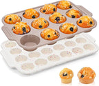 2 Pcs Silicone Muffin Pans for Baking with Metal Reinforced Frame, Nonstick Cupcake Tray for Oven, 12 Cups Regular and 24 Cups Mini Size Silicone Molds for Egg Bites (Brown, Cream)