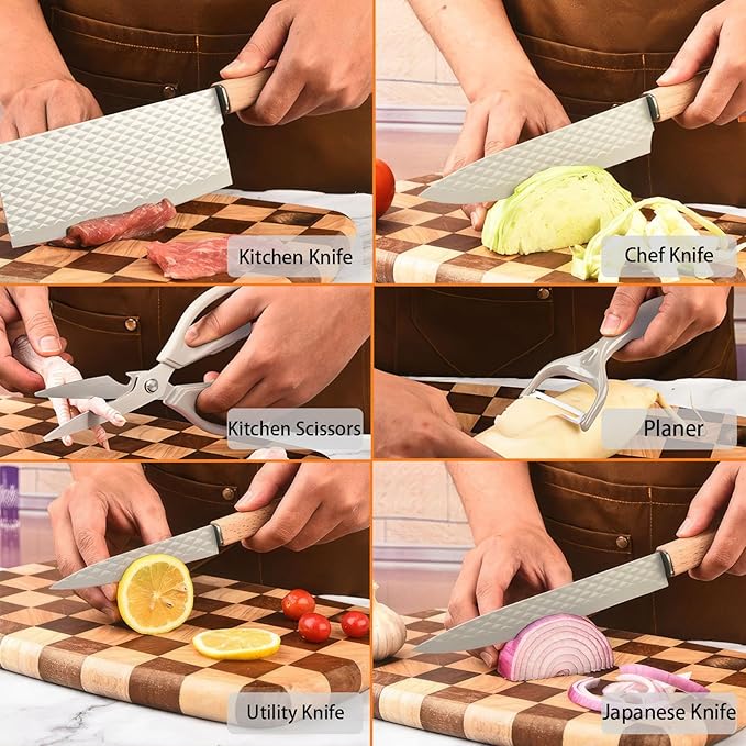 Knife Set, 7 Pieces Professional Kitchen Knife Set with Universal Knife Block, Super Sharp Knife Block Set with Ergonomic Handle Non-stick Stainless Steel Knife Block Set (Beige)