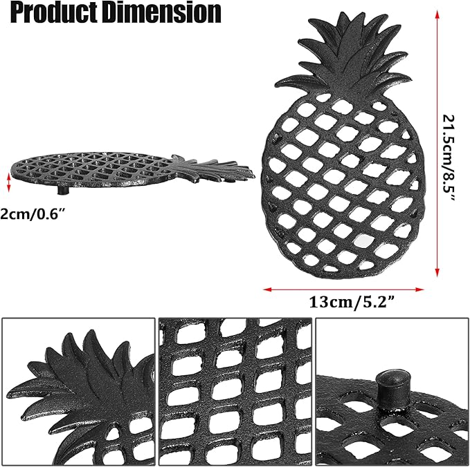 Sumnacon 2 Pack Cast Iron Trivets for Hot Dishes, Pots and Pans - Decorative Pineapple Trivet with Non-Slip Rubber Pegs Rustic Metal Pot Holders for Kitchen Countertop Dining Table Home Decor, Black