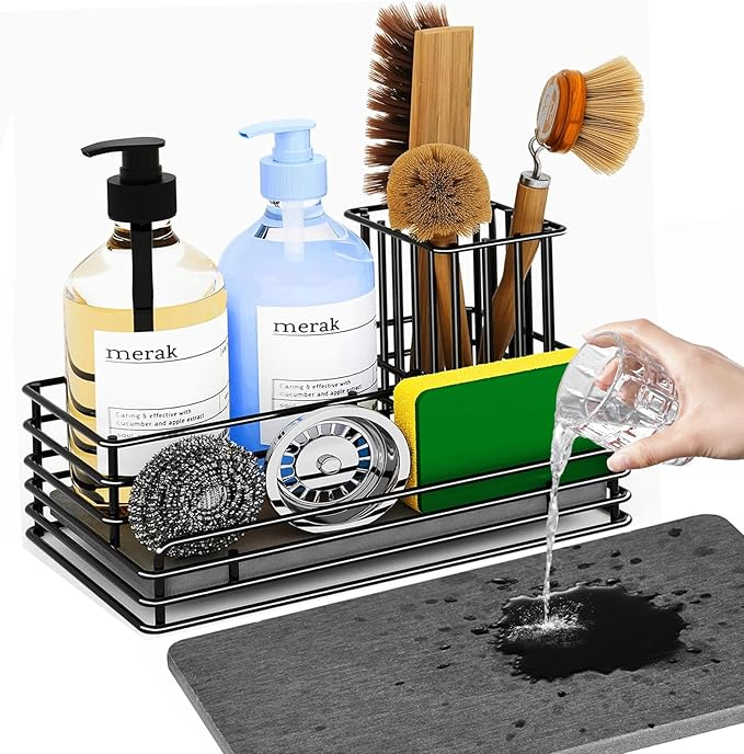 Yofidra Kitchen Sink Caddy: Sink Sponge with Instant Drying Stone, Metal Stainless Steel Dish Sponge Holder Basket for Sponges, Scrubbers, Soap, 9.5" X 5.5" X 5.7" Home Decor Storage and Organization
