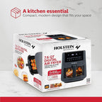 Holstein Housewares 7.6QT Digital Air Fryer with viewing window and led display with 7 preset options. Fry, bake, grill, dehydrate, and roast healthier recipes. Dishwasher Safe