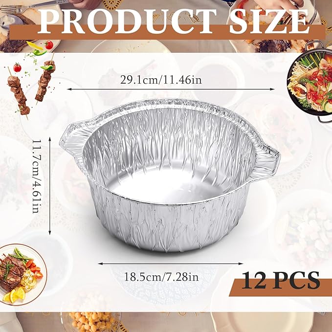 Ziliny 12 Pcs Disposable Aluminum Pot with Lid Round Foil Pans Disposable Cookware Food Container for Vacation Trips Camping Baking Heating Cooking (121.7 oz)