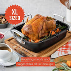 Chef Pomodoro Deluxe Large Carbon Steel Roasting Pan with U-Rack, 18.5 x 14.5-In (47 x 37 cm), Extra-Large, Grey – The Ultimate Solution for Flawless Roasts, BBQs, and Oven-to-Table Entertaining