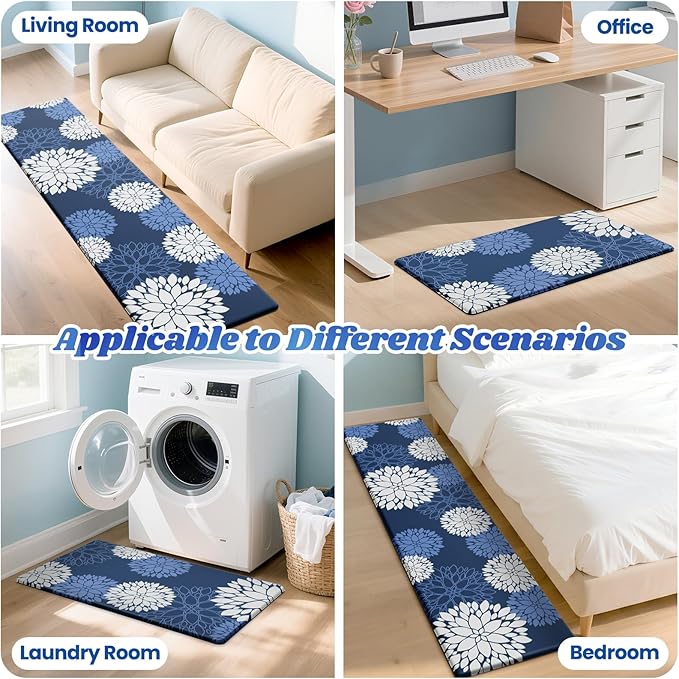 Kitchen Mats, 2PCS Non-Slip Cushioned Rugs, Anti-Fatigue Waterproof Floor Rug, Washable Standing Desk Mat, Home Laundry Office Apartment Decor and Accessories (17.3" ×70" +17.3" ×30"-Blue)