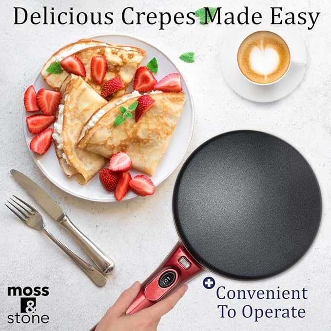 Moss & Stone Electric Crepe Maker 8 Inch, Portable Crepe Maker & Hot Plate Cooktop On/Off Switch, Nonstick Coating, Dual Temperature Setting, Easy To Use For Pancakes, Blintz, Chapati