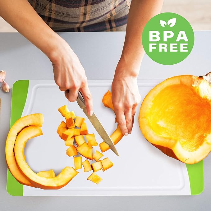 Neoflam 2 Piece Plastic Cutting Board Set, Microban Protection, Stain & Odor Free, Extra Large, BPA Free, Juice Groove, Non Slip, Dishwasher Safe, Easy Grip Handle, White Green