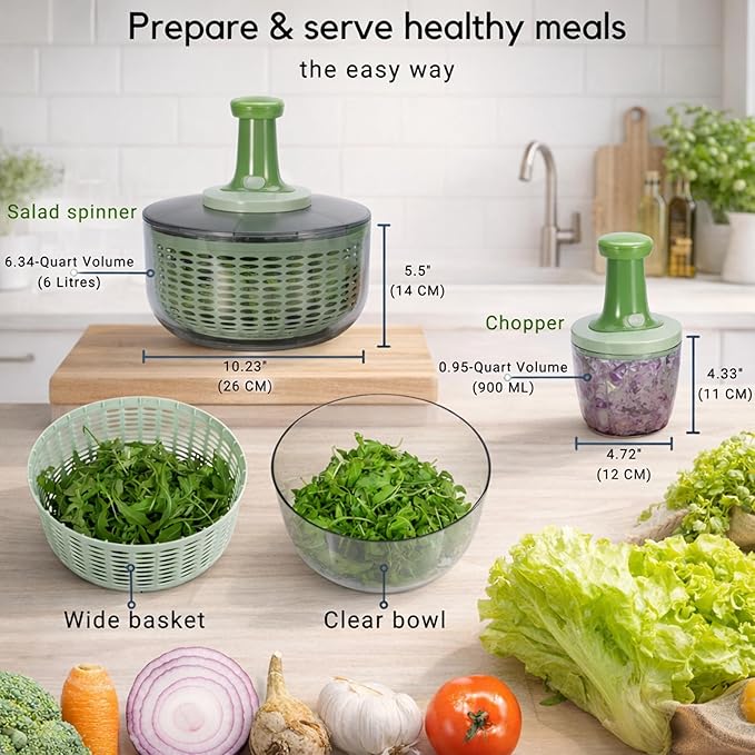 Brieftons Salad Spinner and Chopper: Large 6.3-Quart Lettuce Greens Vegetable Washer Dryer, with Bonus 0.95-Quart Veggie Chopper Mixer, Compact Storage, Easy Push Operation for Quick Veggie Prepping