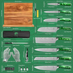 FULLHI 15pcs Japanese Knife Set with Magnetic Knife Block Holder, Japan Stainless Steel Blades, Green Resin Ergonomic Handles for Professional and Home Cooking