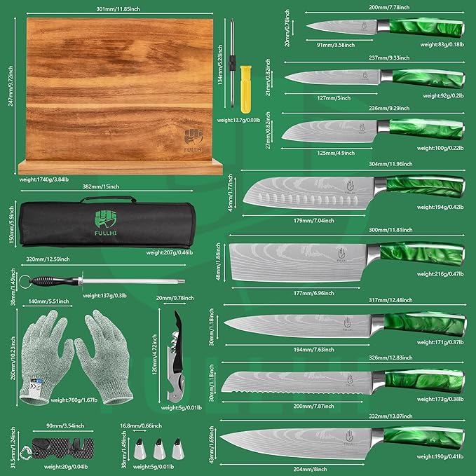 FULLHI 15pcs Japanese Knife Set with Magnetic Knife Block Holder, Japan Stainless Steel Blades, Green Resin Ergonomic Handles for Professional and Home Cooking