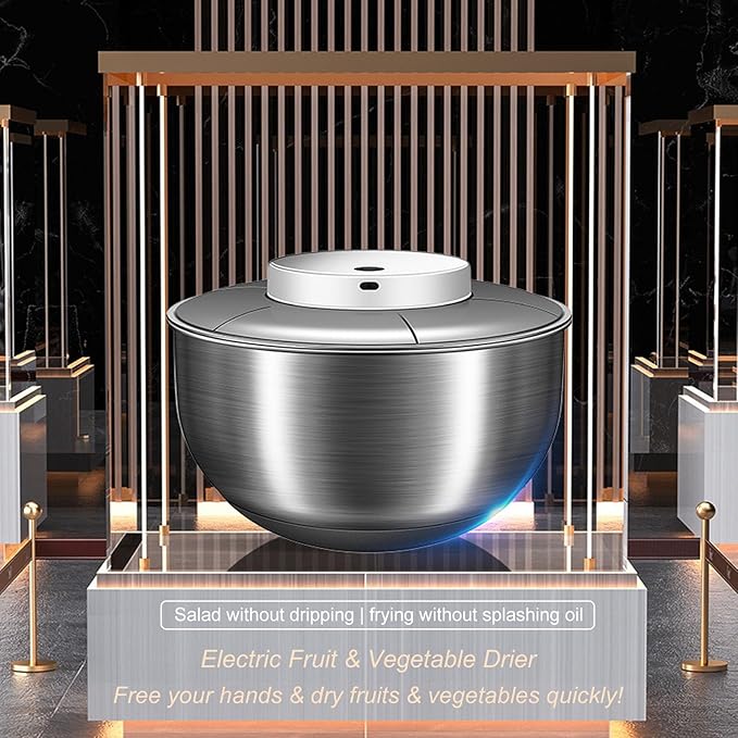 Electric Salad Spinner, 4.8L Large Capacity Lettuce Spinner Stainless Steel Salad Rotator Vegetable Dryer Fruit Washer Lettuce Cleaner Drainage Basket, USB Rechargeable Salad Dryer Food Dehydrator