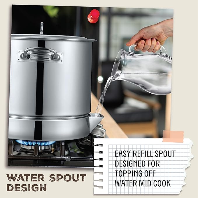 Concord Stainless Steel Tamales Steamer Pot. Mi Abuela Series with Exterior Water Refill Spout, Divider, and Removable Steamer Rack (20 Quart)