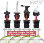 Esatto Pour & Seal Plastic Pourer with Lid - 12 Pieces & 4 Cork Adaptors for Precision Pouring, Pour Spouts for Bottles, Liquor Bottle Pourers for Alcohol & Olive Oil, Bar Bartender Accessories