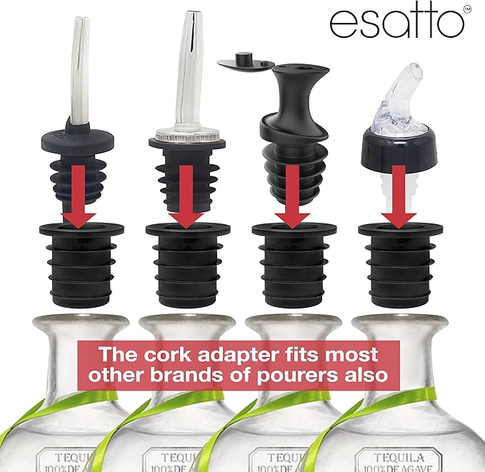 Esatto Pour & Seal Plastic Pourer with Lid - 12 Pieces & 4 Cork Adaptors for Precision Pouring, Pour Spouts for Bottles, Liquor Bottle Pourers for Alcohol & Olive Oil, Bar Bartender Accessories