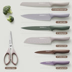 Astercook Knife Set, 13 Pieces Kitchen Knives Set with Healthy Anti-Rust Coating, Dishwasher Safe, Stainless Steel Chef Knife Sets with 6 Blade Guards, Perfect Holiday Gifts for Kitchen Morandi