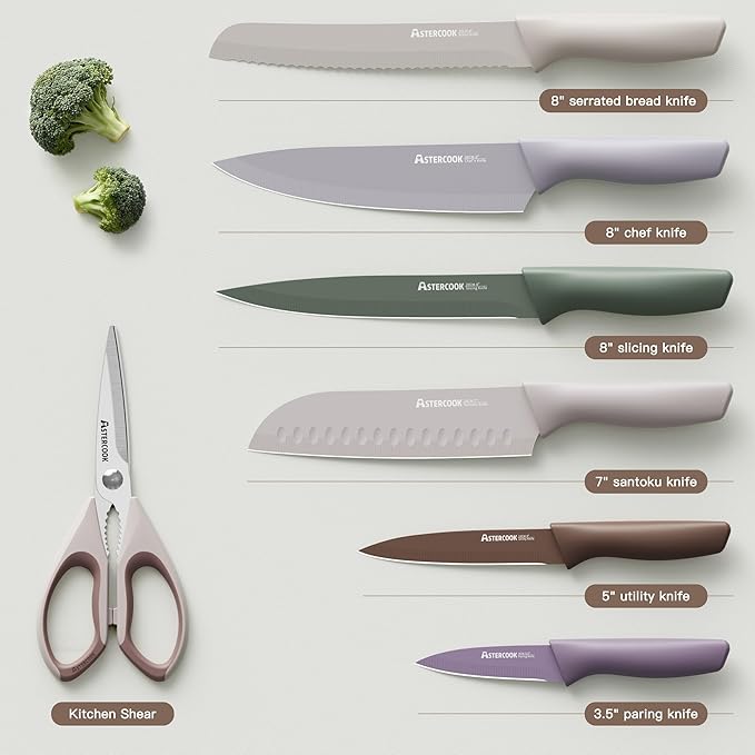Astercook Knife Set, 13 Pieces Kitchen Knives Set with Healthy Anti-Rust Coating, Dishwasher Safe, Stainless Steel Chef Knife Sets with 6 Blade Guards, Perfect Holiday Gifts for Kitchen Morandi