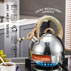 MARSKITOP Whistling Tea Kettle for Stove Top, Food Grade Stainless Steel Tea Pot with Wooden Pattern Handle, Loud Whistle Water Kettle Teapot, 2.64 Quart, Silver