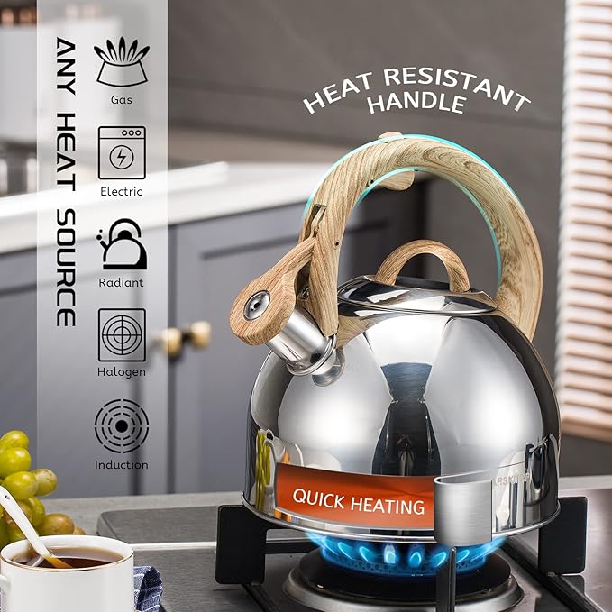 MARSKITOP Whistling Tea Kettle for Stove Top, Food Grade Stainless Steel Tea Pot with Wooden Pattern Handle, Loud Whistle Water Kettle Teapot, 2.64 Quart, Silver