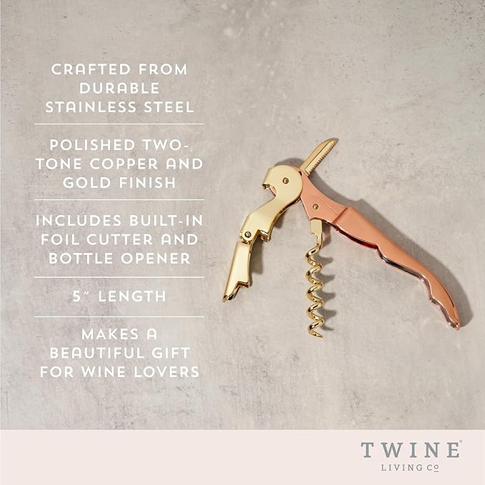Twine Copper And Gold Double Hinged Waiter’s Corkscrew, Stainless Steel Wine Key with Foil Cutter, Double Hinged Corkscrew, Set of 1