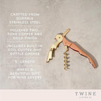 Twine Copper And Gold Double Hinged Waiter’s Corkscrew, Stainless Steel Wine Key with Foil Cutter, Double Hinged Corkscrew, Set of 1