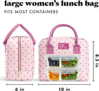 Fit & Fresh Bloomington Lunch Bag for Women - Insulated Large Lunch Box for Work with Containers, Leak-Resistant, Stain-Resistant, Zipper Closure, Tiny Pink Hearts