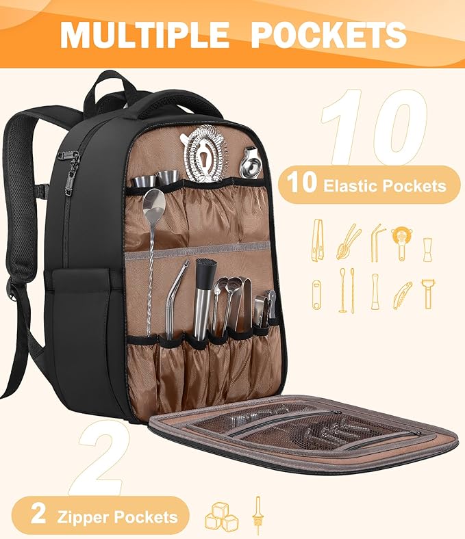 PEKREWS Bartender Bag, Travel Bartending Backpack for Carrying Bar Kit, Portable Bar Bag for Tools Set Storage Cocktail Shaker and Wine Bottle Carrier, Professional Mixology Gift (Backpack Only)