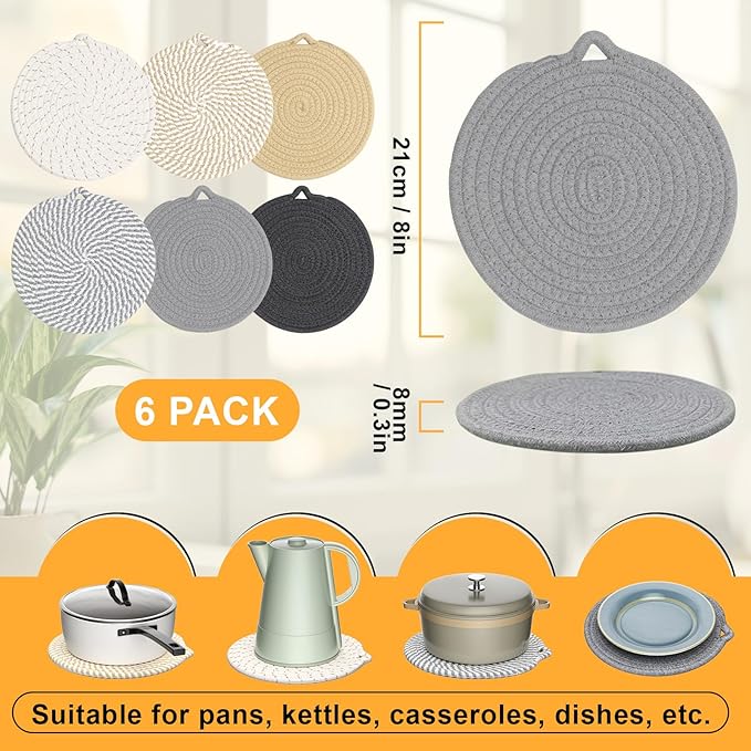 8" Trivets for Hot Dishes, 6 Pack Hot Pads for Kitchen Counter & Dining Table, Heat Resistant | Scratches | Stains Cotton Trivets for Hot Pots and Pans