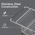 Over the Sink Expandable Dish Drainer Drying Rack In Stainless Steel for Small Kitchen, Counter Space Saving Modern Compact Metal Above Plate Dryer Strainer, Adjustable Hanging Inside Drain Holder
