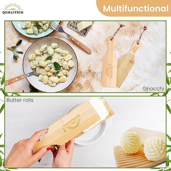 Gnocchi Board Set for Rolling Dough - 2x Paddles, 2x Rollers & 1x Cutter, Bamboo Pasta Shaper Tools Butter Maker, Garganelli Cavatelli Tortellini Cavarola Roller (Gnocchi Board Set 4)
